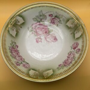 Antique P.K. Silesia German Porcelain Bowl Pink Cabbage Roses Gold Rim